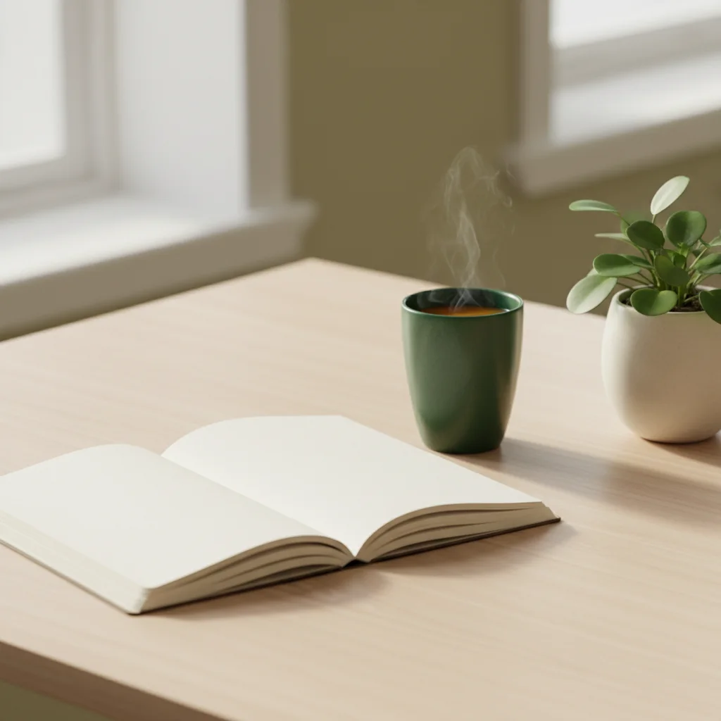 Een rustige werkruimte met een notitieboek, een plant en een kop thee op een houten bureau