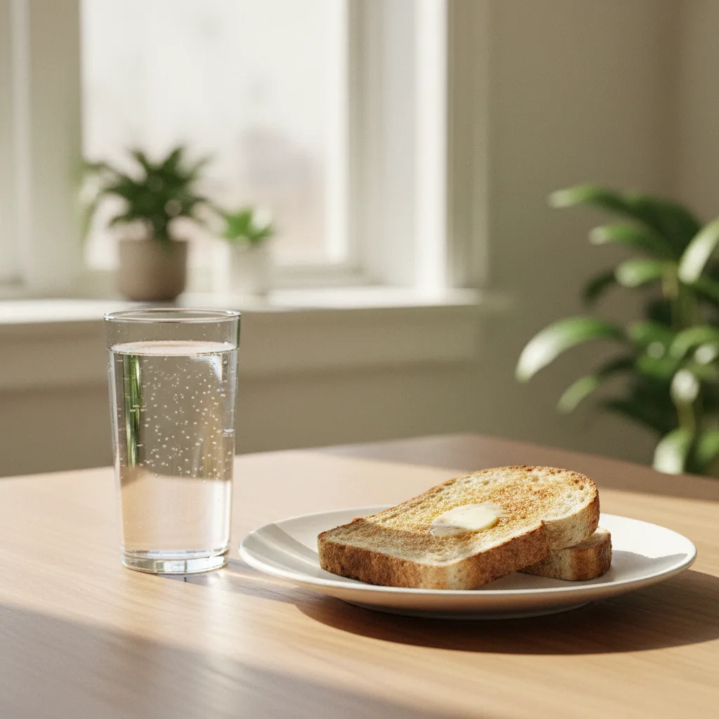 Een glas water en een ontbijtbord op een lichte keukentafel bij een raam