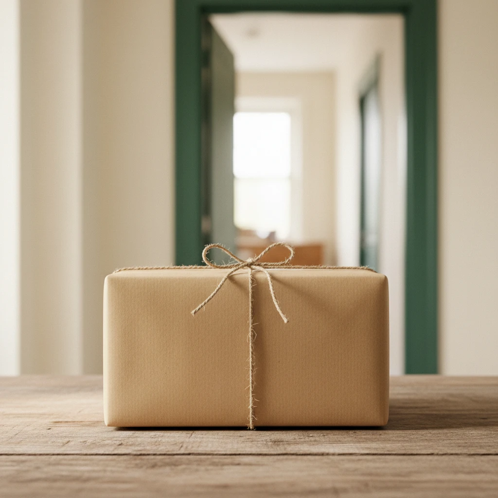 Een verzorgd ingepakt kraft pakket op een tafel bij een voordeur
