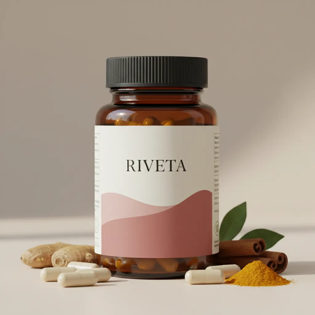 Riveta barnsteenkleurige glazen pot met zwart deksel en supplement capsules op een houten tafel